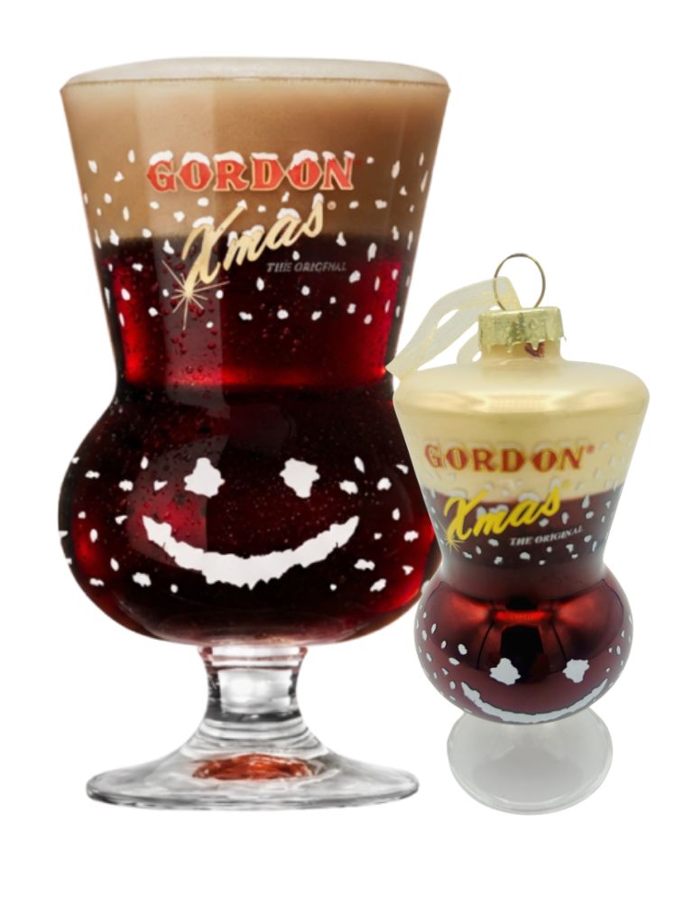 Gordon Xmas Ale beer glass shown beside the matching Christmas bauble