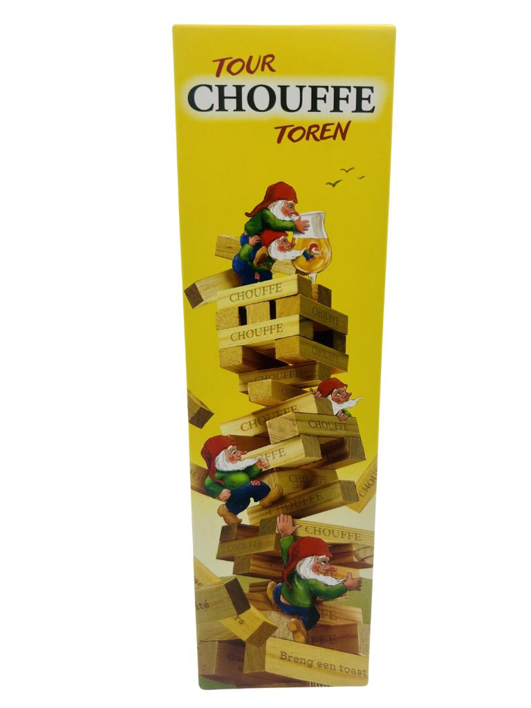 Chouffe branded wooden stacking tower game in yellow packaging