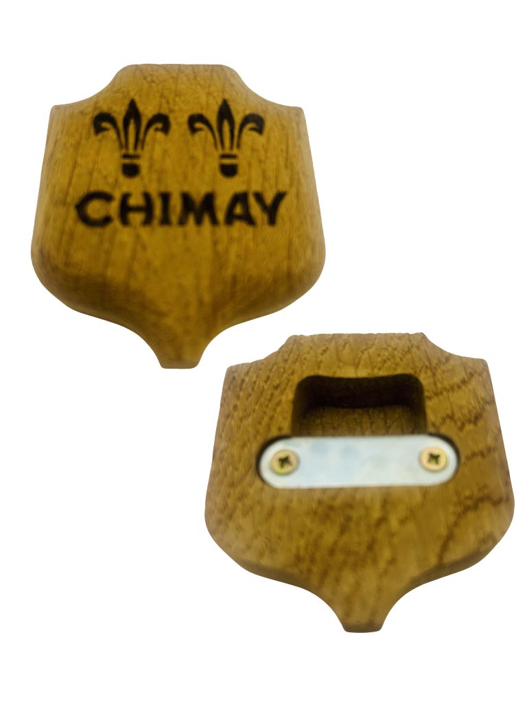 Front and back views of a wooden Chimay branded bottle opener