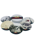 Five assorted round Gulden Draak drinks coasters with a matching branded storage tin
