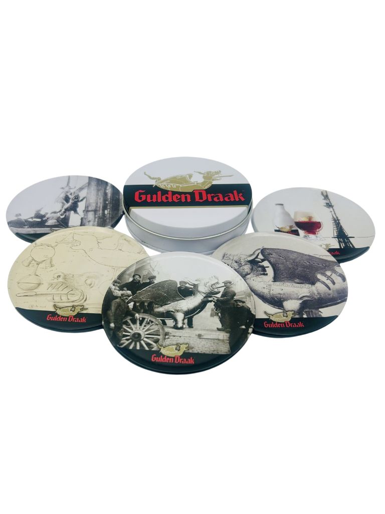 Five assorted round Gulden Draak drinks coasters with a matching branded storage tin