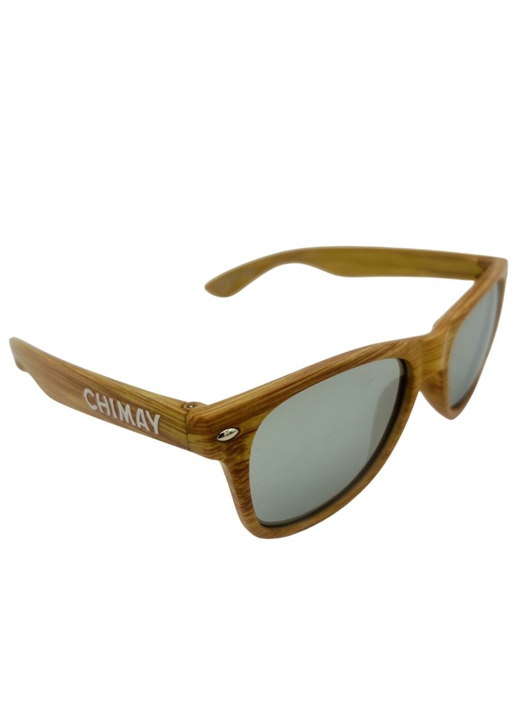 Chimay branded sunglasses with a wood-effect frame and dark tinted lenses