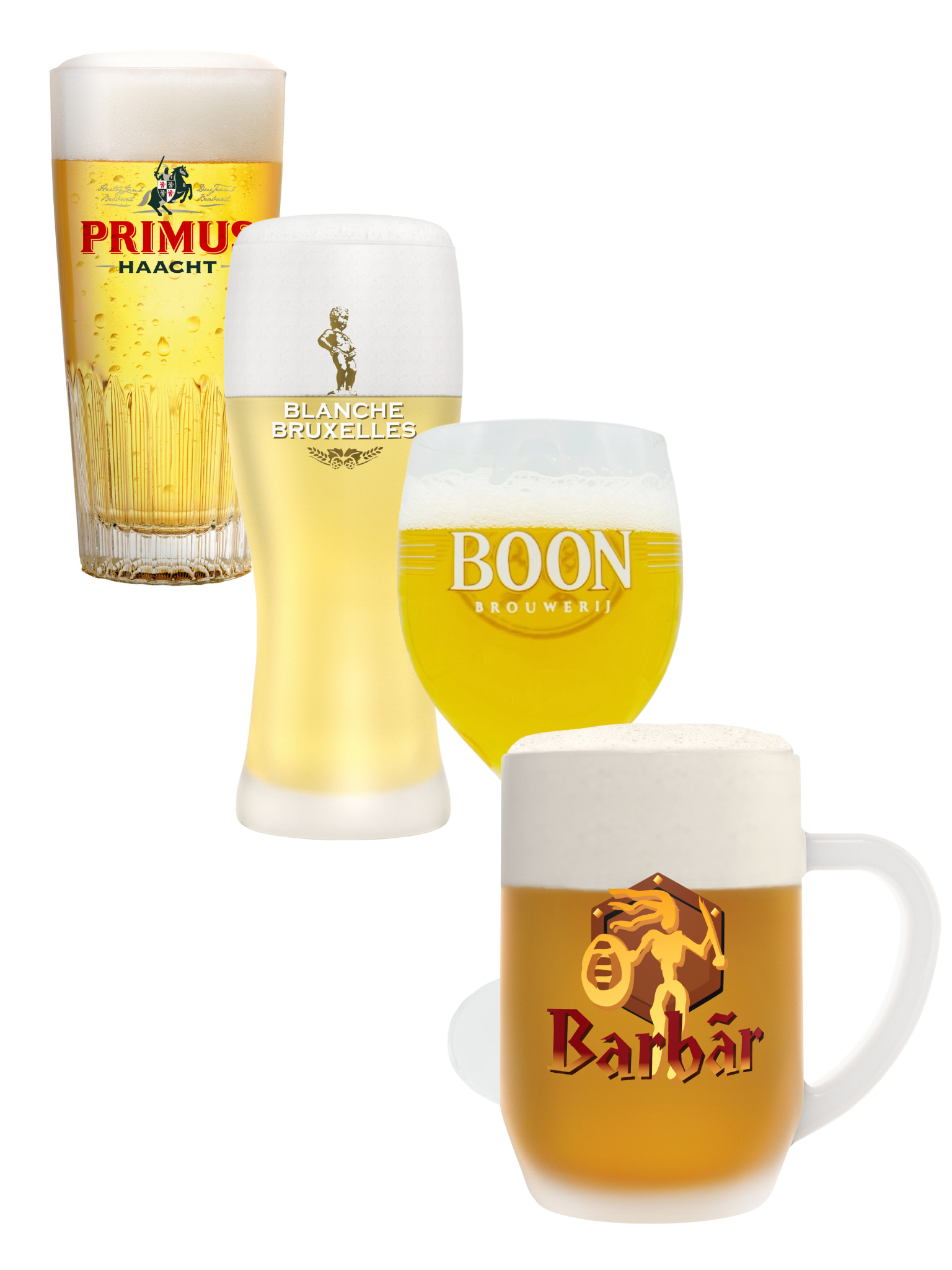 Bargain set of 4 25cl Belgian beer glasses (Boon, Primus, Barbar and Blanche de Bruxelles)