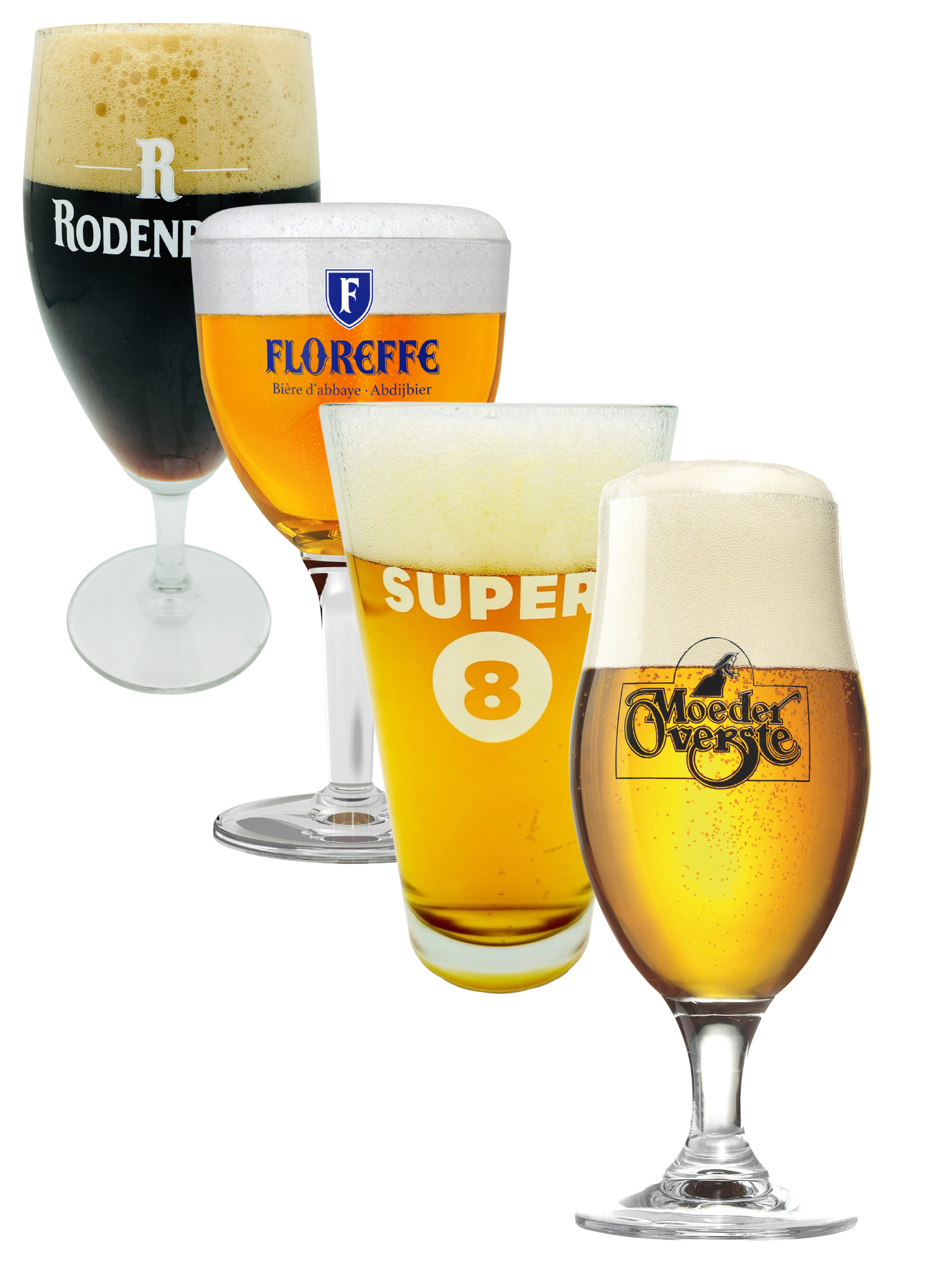 Bargain set of 4 33cl Belgian beer glasses (Super 8, Moeder Overtse, Rodenbach & Floreffe)