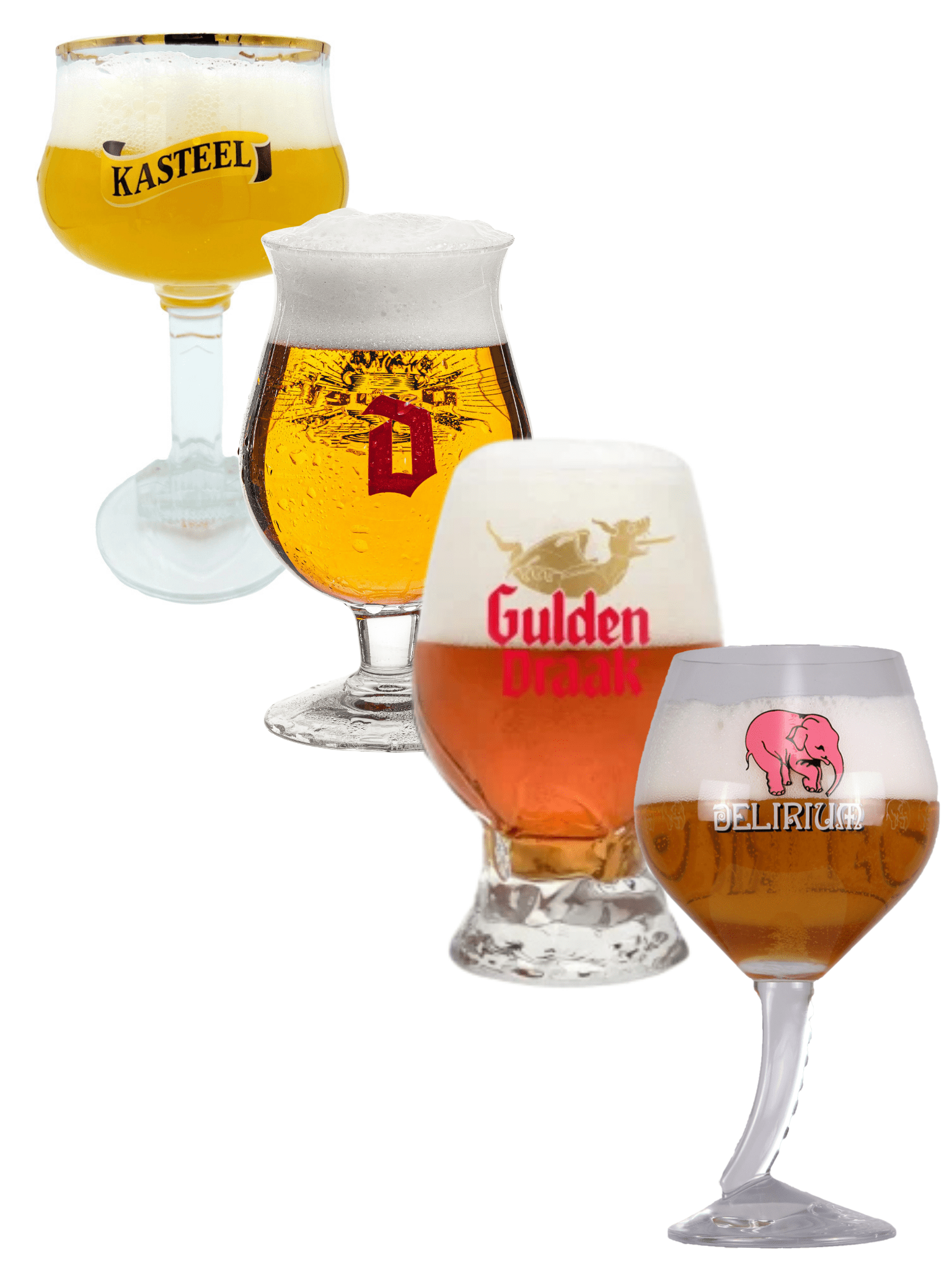 Set of 4 iconic Belgian beer glasses (Delirium 50cl, Gulden Draak 50cl, Duvel 33cl & Kasteel 33cl) - Beer Glass Enthusiast
